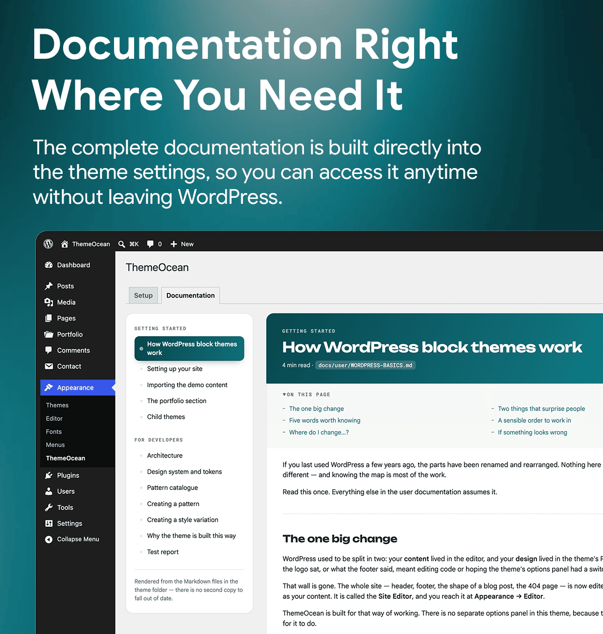 ThemeOcean — документация встроена в админку WordPress
